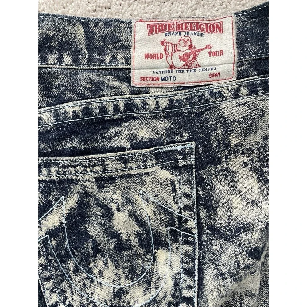 True Religion Rocco Moto Skinny Leg Jeans Mens 46x33 Acid Wash Flex Knee Stretch